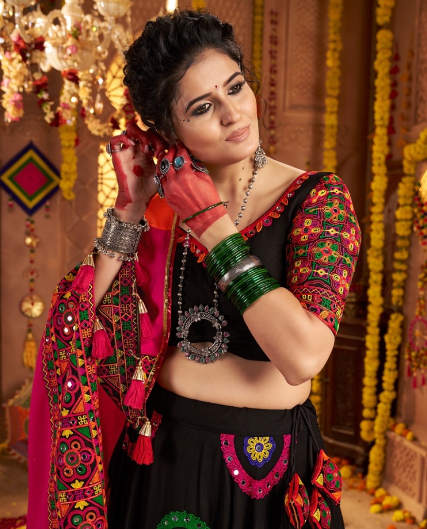 11012 - PRETTY BLACK MIRROR WORK NAVRATRI WEAR LEHENGA CHOLI WITH DUPATTA
